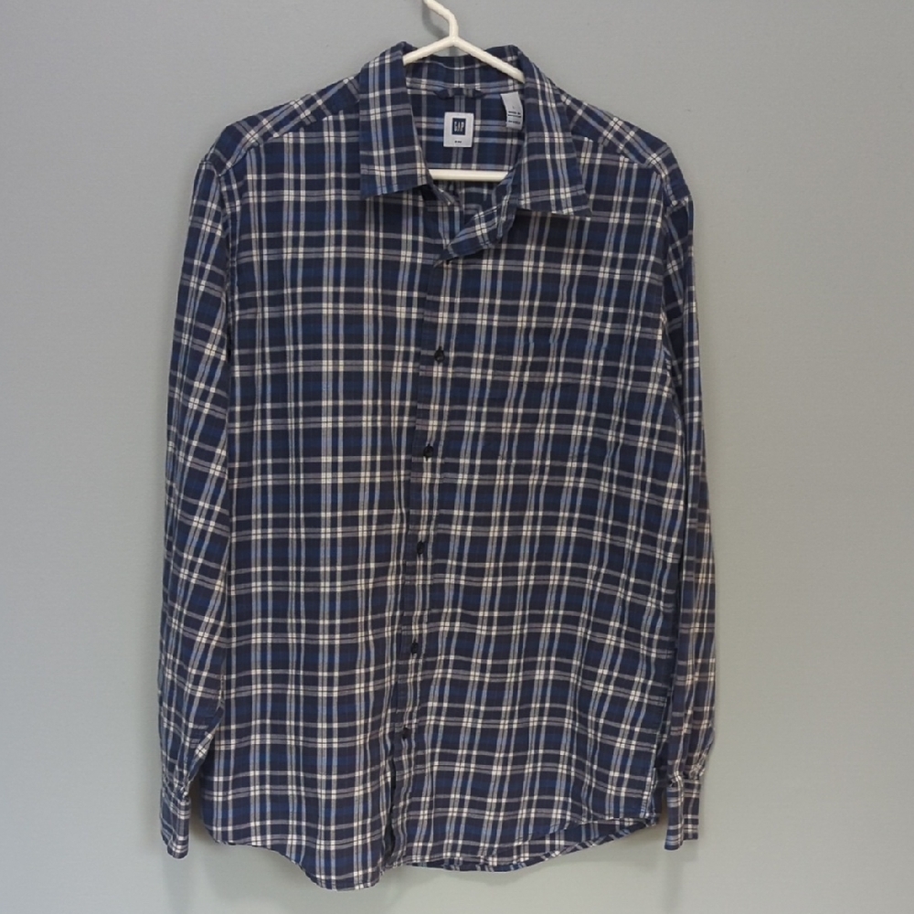 GAP Factory Men's Navy and White Checkered Shirt Size L